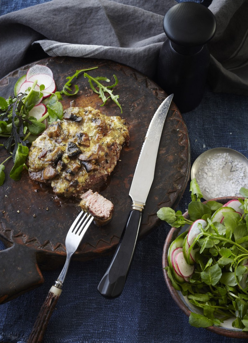 Porterhouse Steaks with Mushroom and Blue Cheese Crust