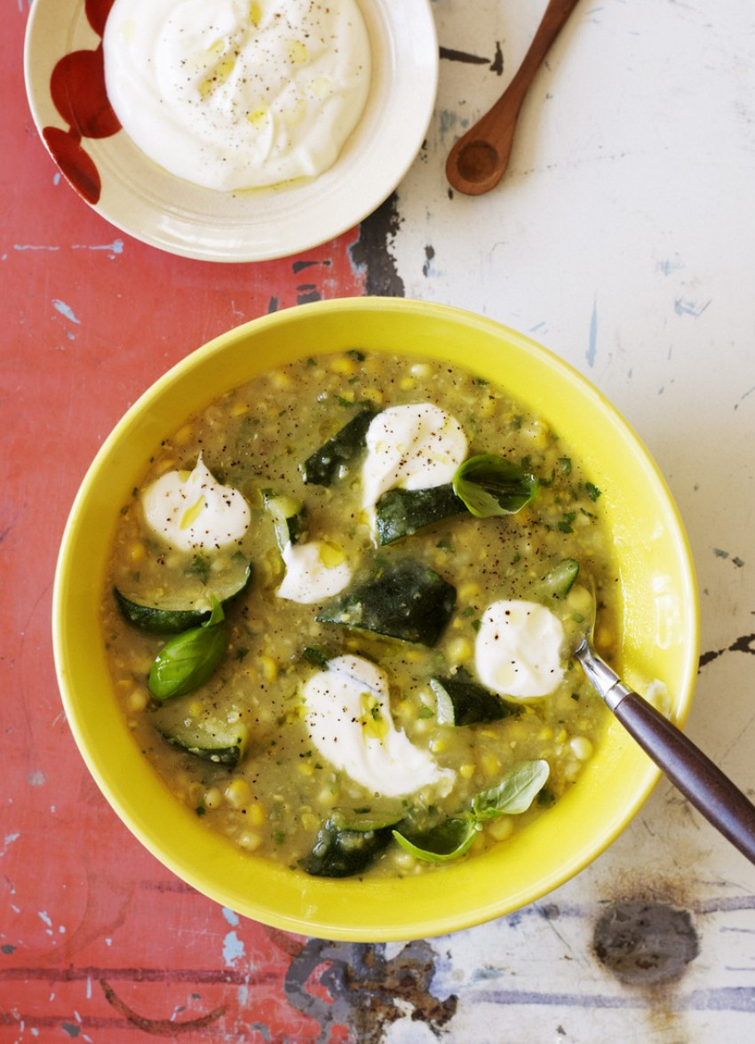 Zucchini, Sweet Corn and Basil Soup