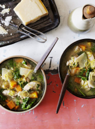Chicken, Spinach and Leek Soup with Shaved Parmesan 