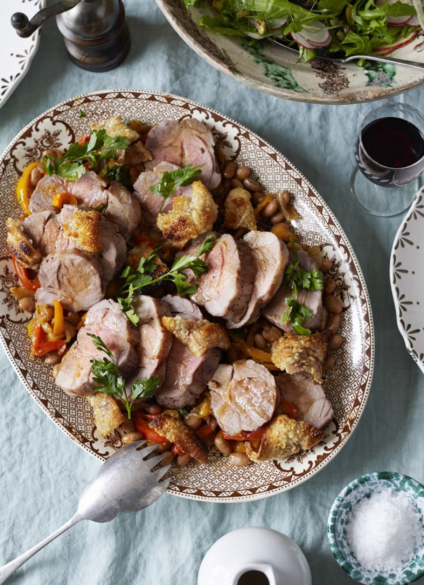 Roast Pork with Mixed Capsicums and Borlotti Beans