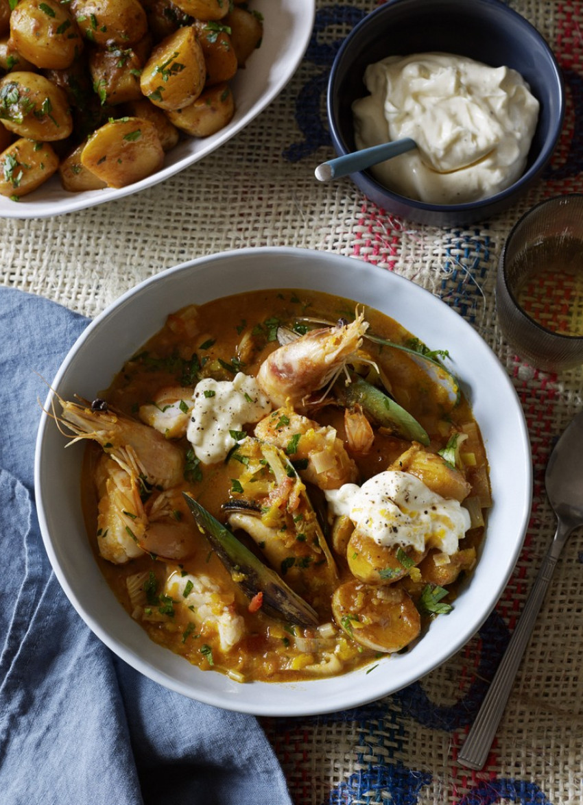 Portuguese Seafood Soup with Saffron Potatoes