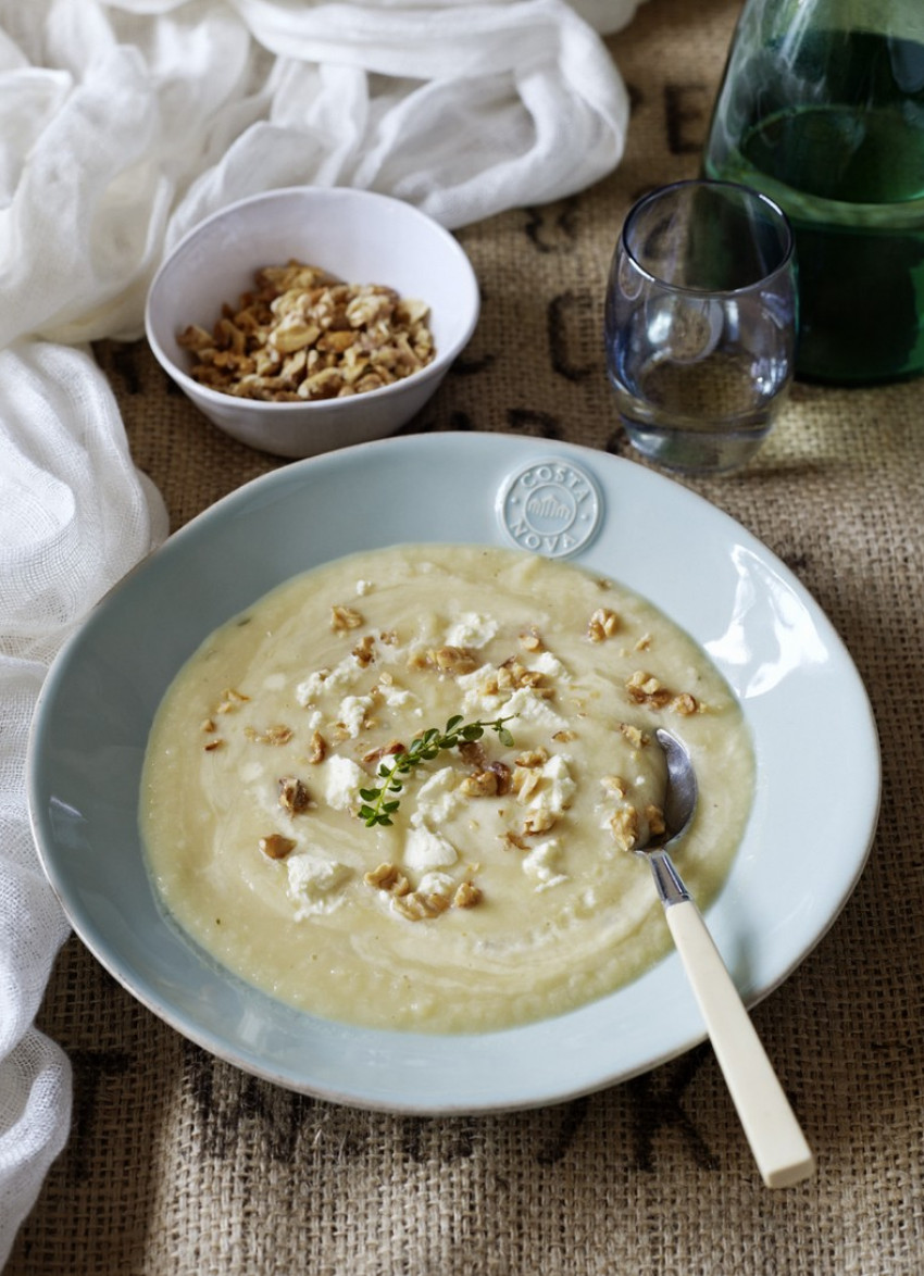 White Root Vegetable Soup with Walnuts and Goats Cheese