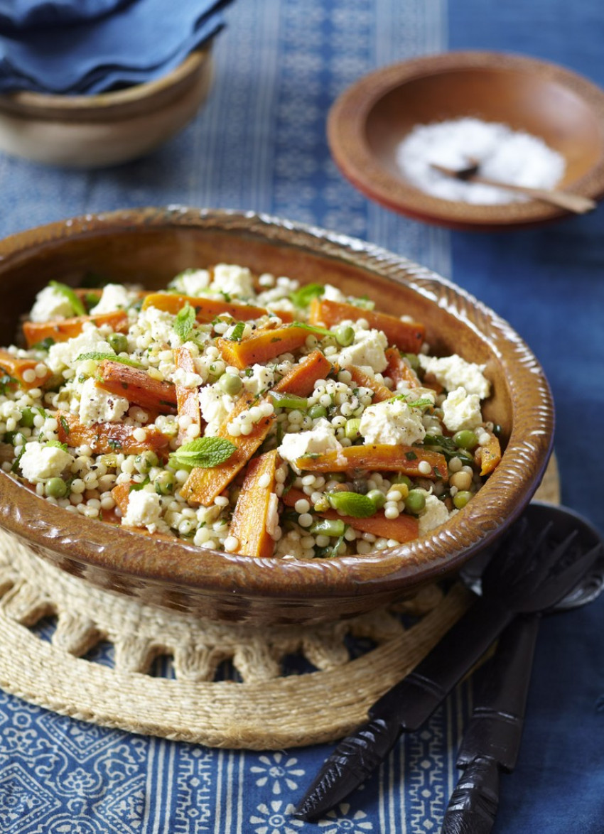Roasted Carrot and Israeli Couscous Salad with a Sultana and Caper Dressing
