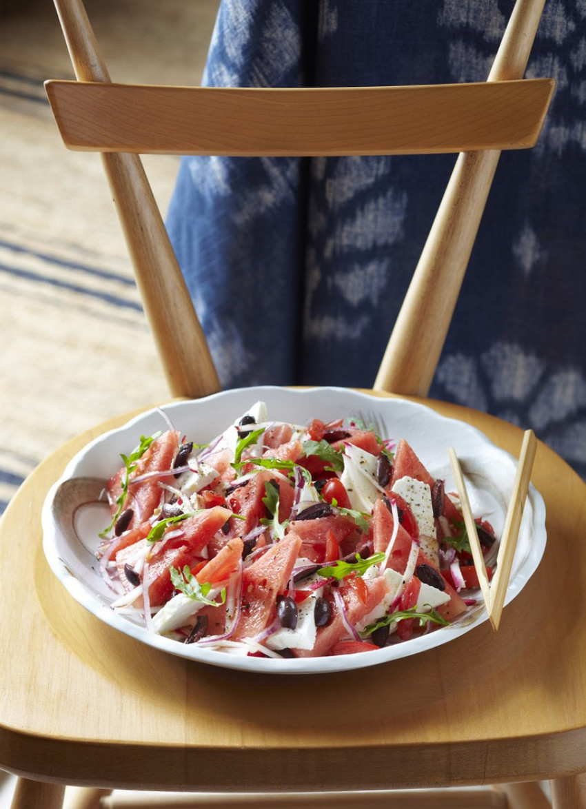 Watermelon and Black Olive Salad with Ricotta 