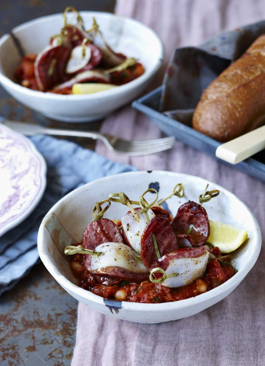 Chorizo and Squid Skewers on Crushed White Beans and Chilli Tomato Sauce