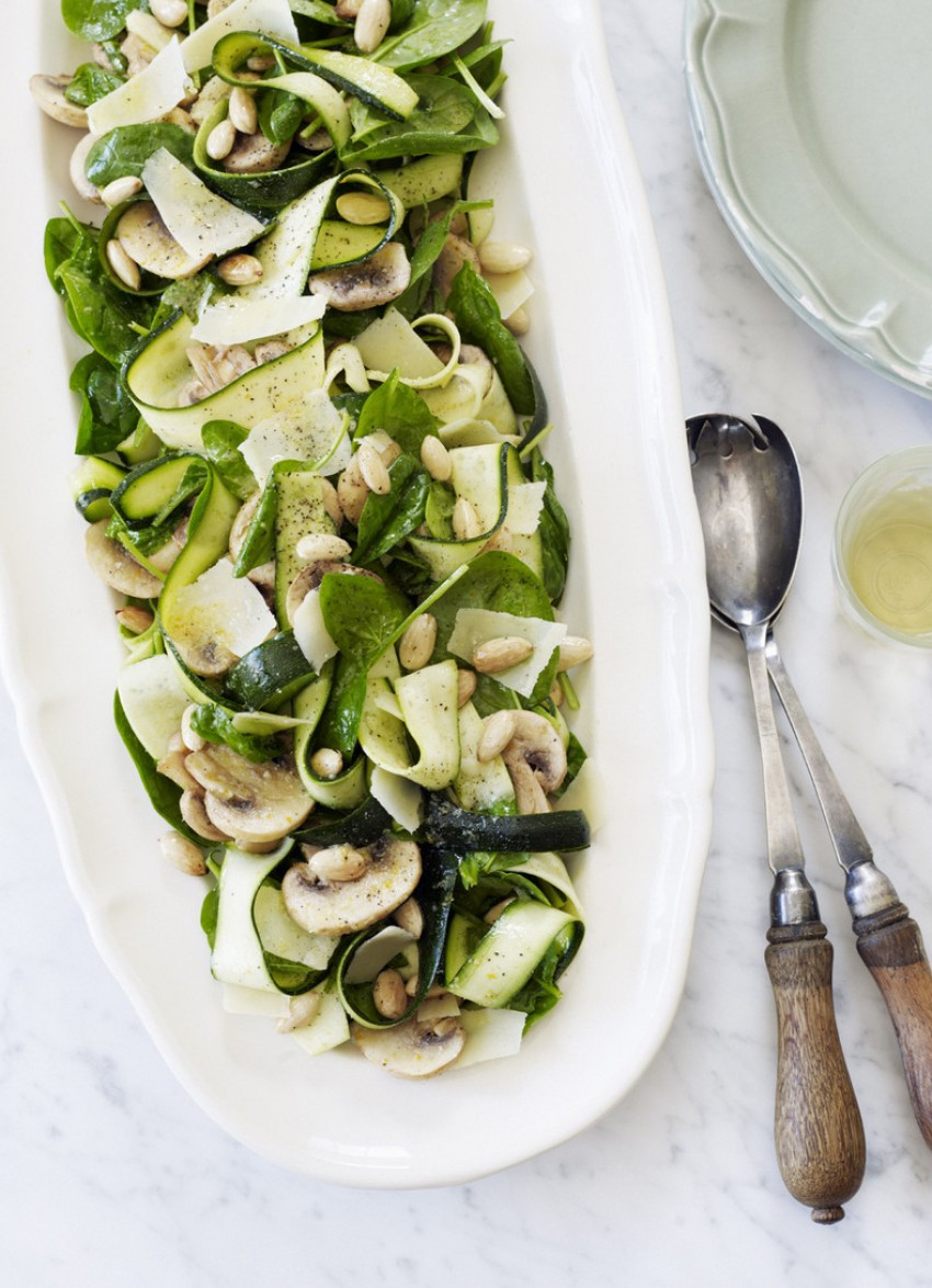 Raw Zucchini, Mushroom and Spinach Salad with Roasted Almonds and Parmesan Dressing 