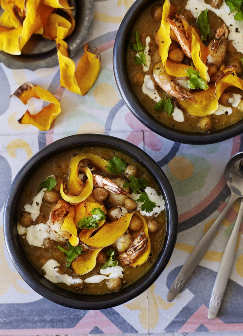 Moroccan Pumpkin Soup with Prawns and Chickpeas 