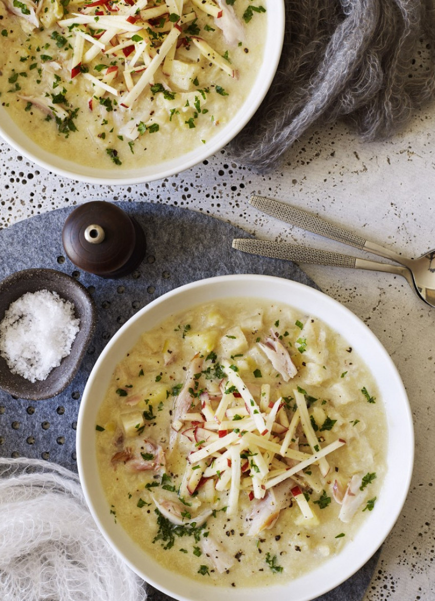 Smoked Fish, Cider and Celeriac Soup with Apple Salad 