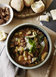 Winter Vegetable Soup with Sizzled Sausages 