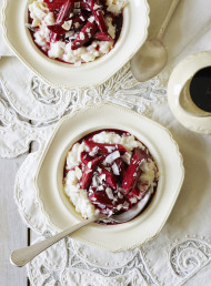 Warm Coconut Rice Pudding with Red Wine and Cinnamon Poached Rhubarb 