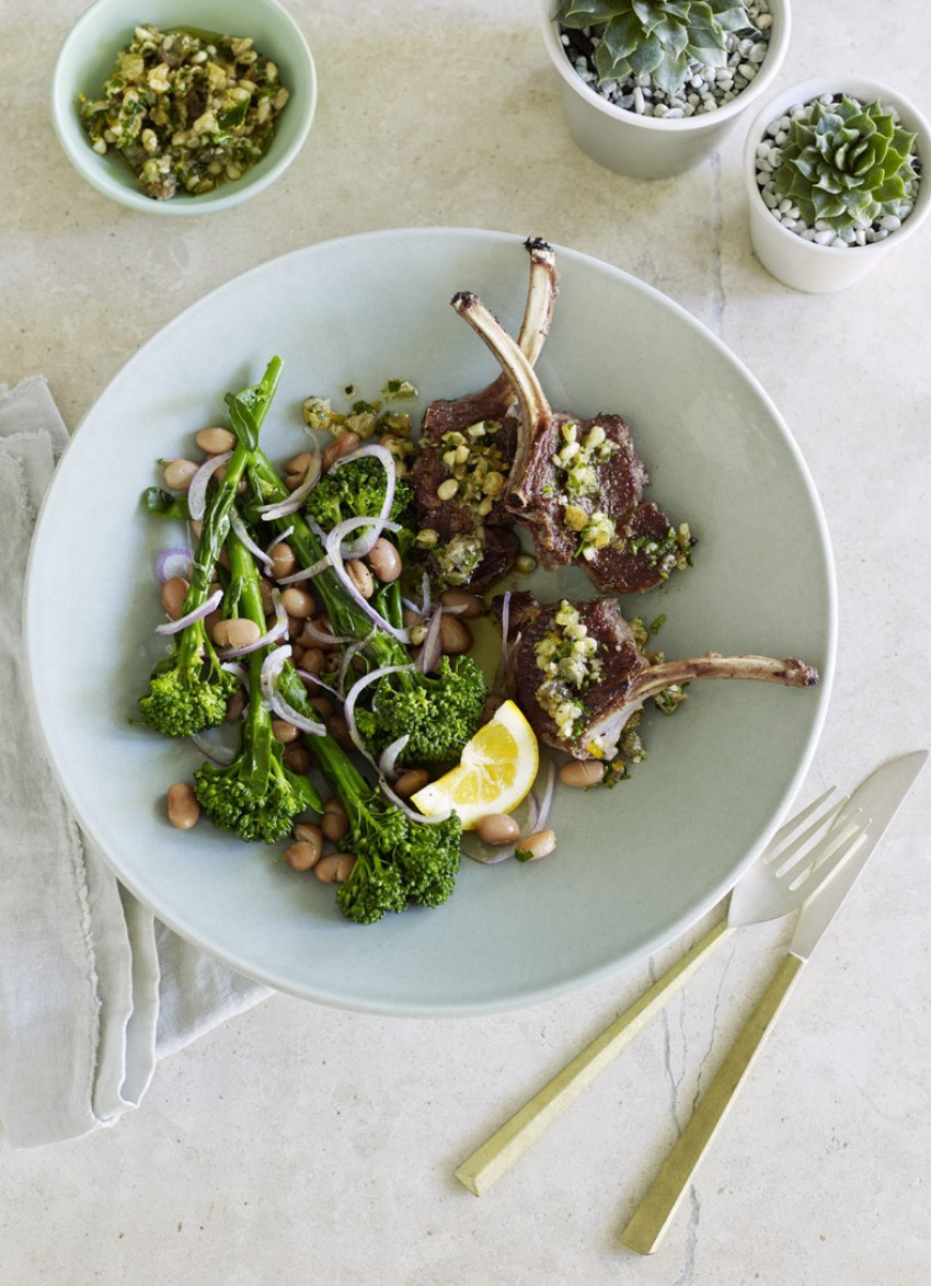 Lamb Cutlets with Sicilian Salsa, Broccolini and Borlotti Beans