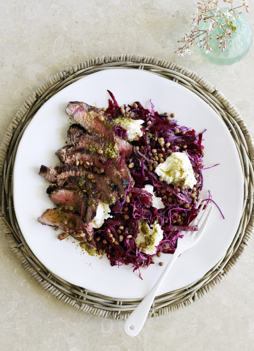 Rump Steak with Raw Beetroot, Red Cabbage and Lentil Salad