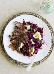 Rump Steak with Raw Beetroot, Red Cabbage and Lentil Salad