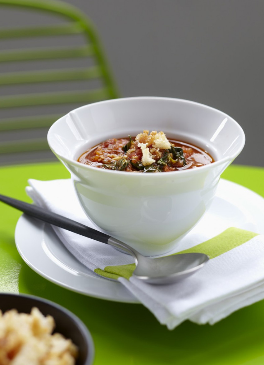 Roasted Tomato and Basil Soup with Parmesan Croutons