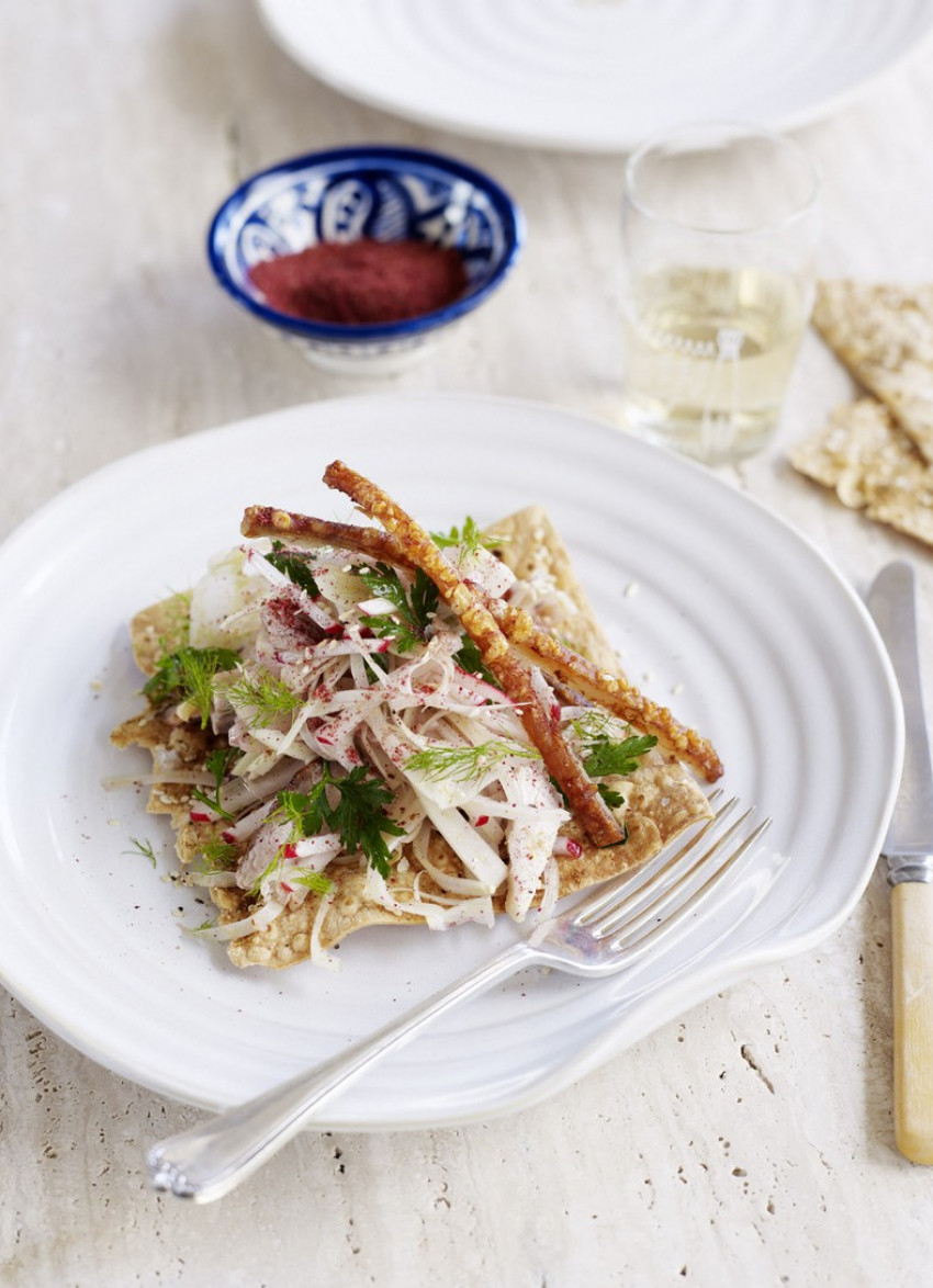 Pork Belly on Mountain Bread with Shaved Fennel, Radish and Sumac Salad