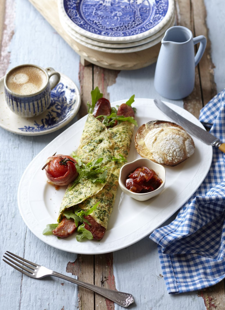 Breakfast Omelettes with Chorizo, Rocket and Bacon-Wrapped Tomatoes