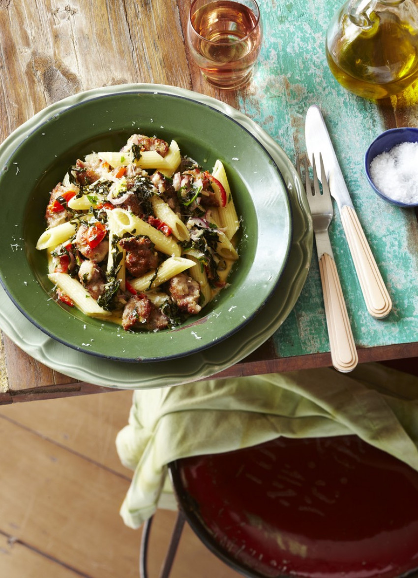 Spicy Sausage, Pepperdew and Silverbeet Penne