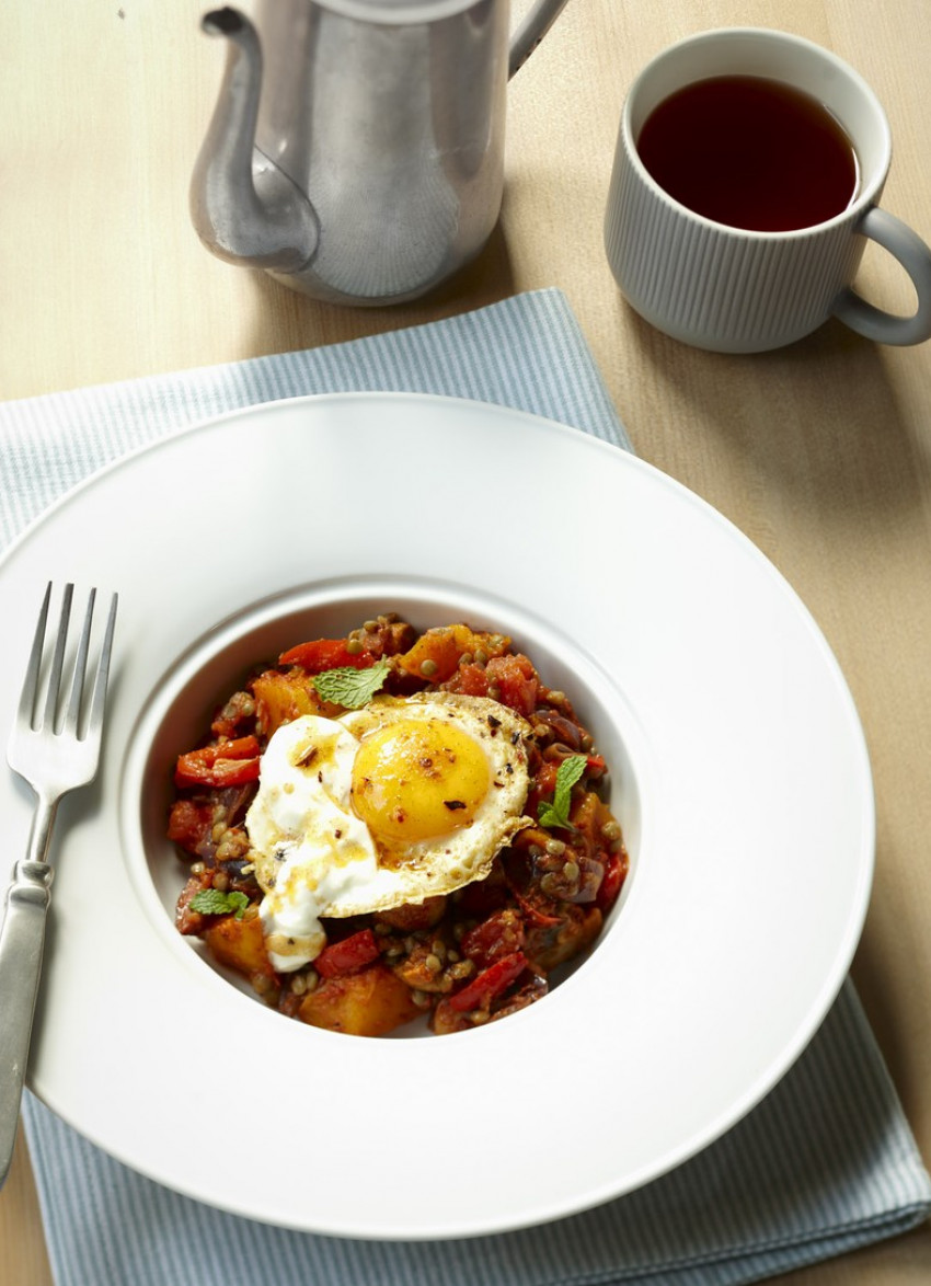 Turkish Eggs on Roasted Pumpkin, Chorizo and Lentils 