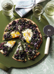 Curly Kale, Caramelised Onion and Egg Pizzas 