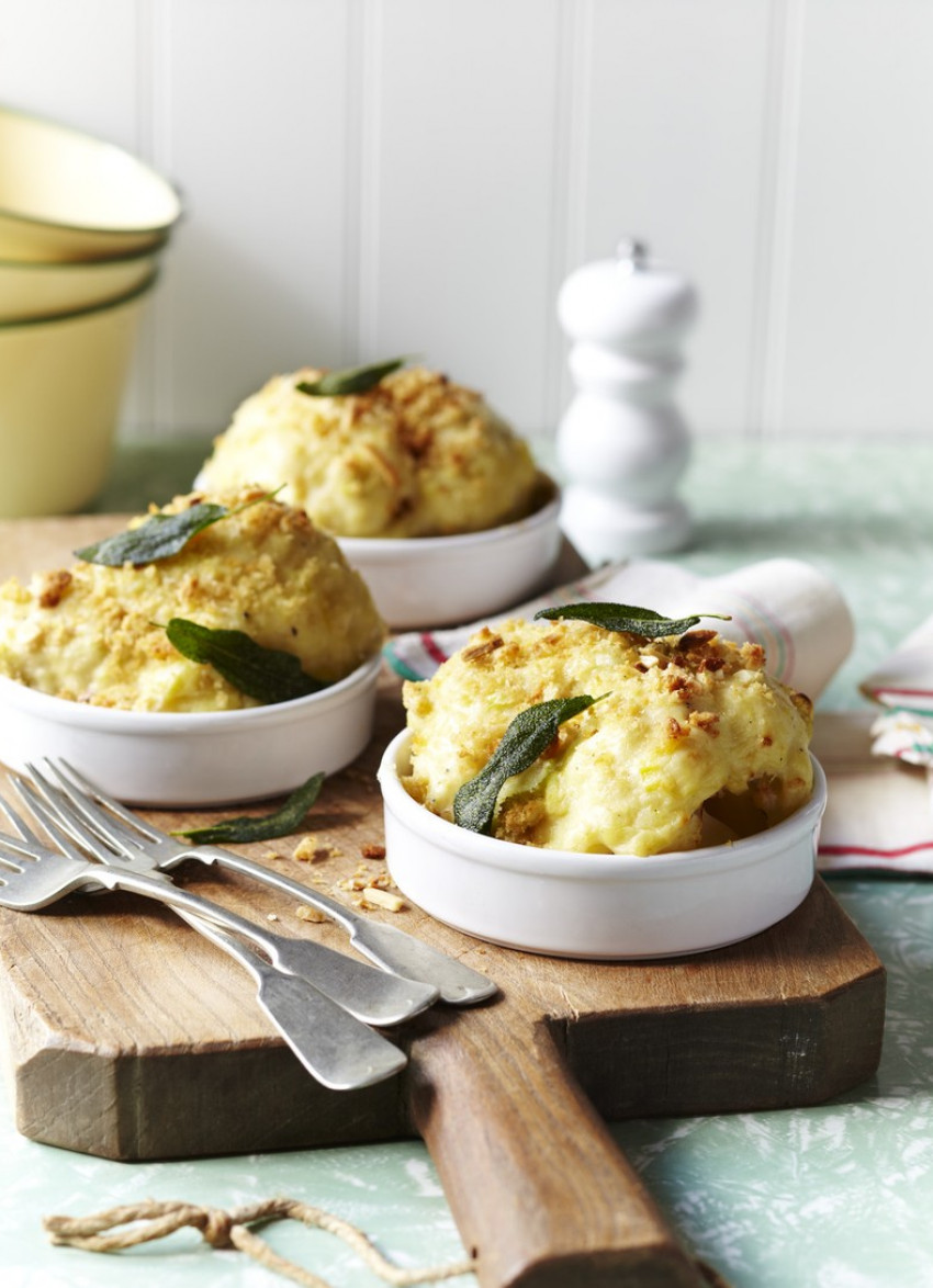 Cauliflower Gratin with Leeks, Parmesan and Sage Crumbs