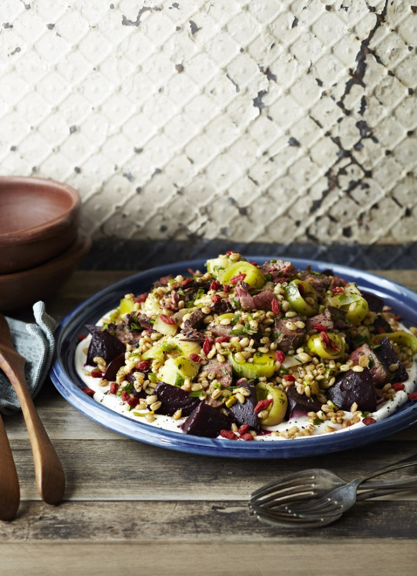 Beef and Barley Salad with Beetroot, Leeks and Yoghurt Dressing