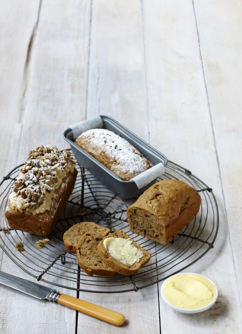 Pumpkin Loaf with Butterscotch Icing and Candied Pumpkin Seeds