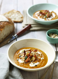 Pumpkin and Smoked Paprika Soup with Prawns, Preserved Lemon and Toasted Almonds