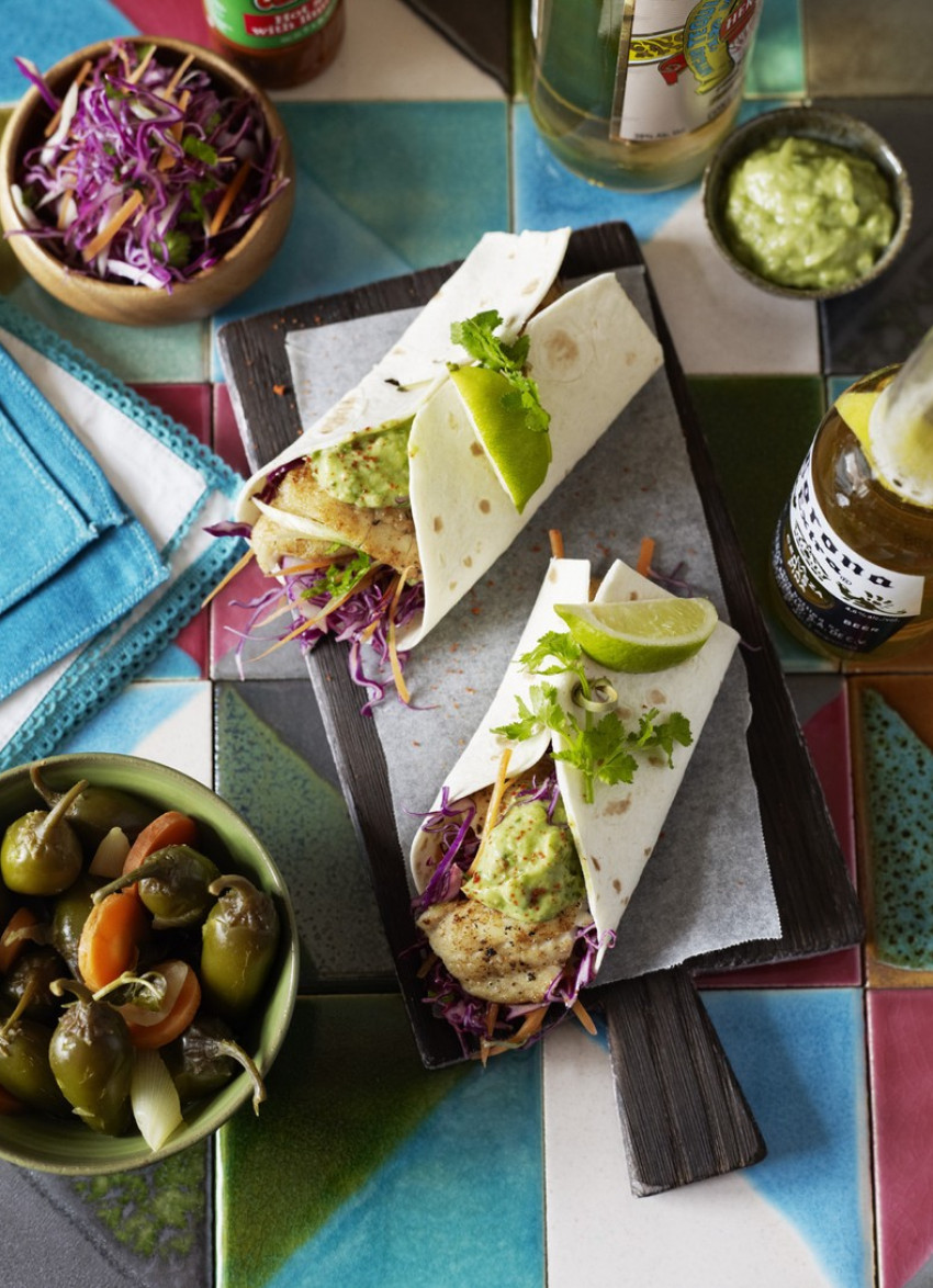 Soft Fish Tacos with Tomatillo and Avocado Salsa and Red Cabbage Salad