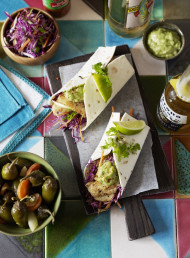 Soft Fish Tacos with Tomatillo and Avocado Salsa and Red Cabbage Salad