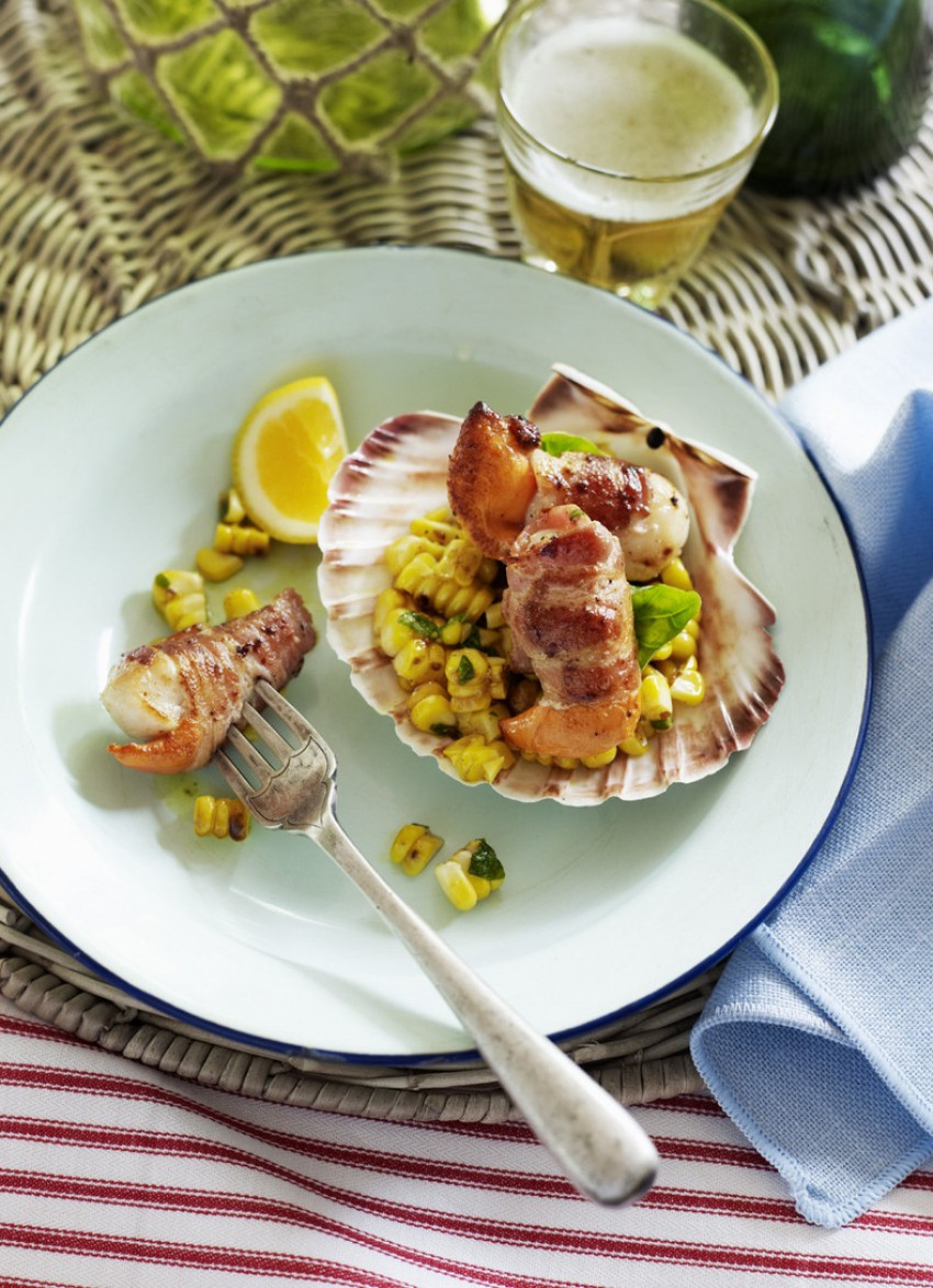 Scallops and Bacon on Grilled Corn and Basil Salad