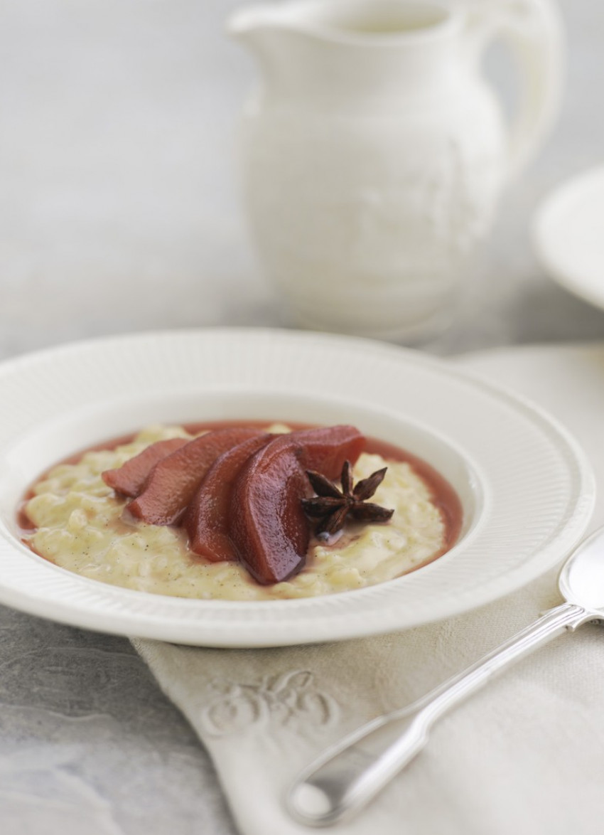 Vanilla Rice Pudding with Shiraz Poached Quinces