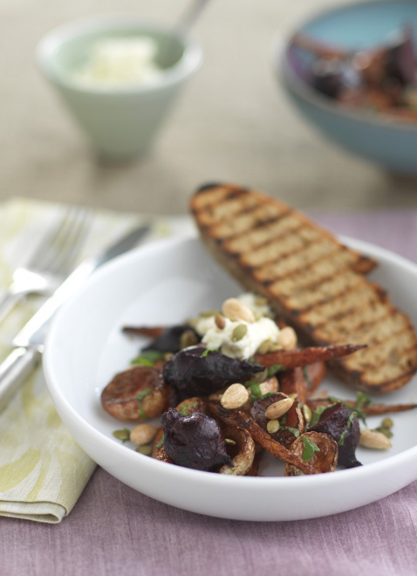 Roasted Spring Vegetables with Fresh Parmesan, Ricotta and Almonds