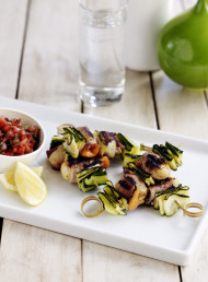 Zucchini, Scallop and Bacon Kebabs with Fresh Tomato Sauce