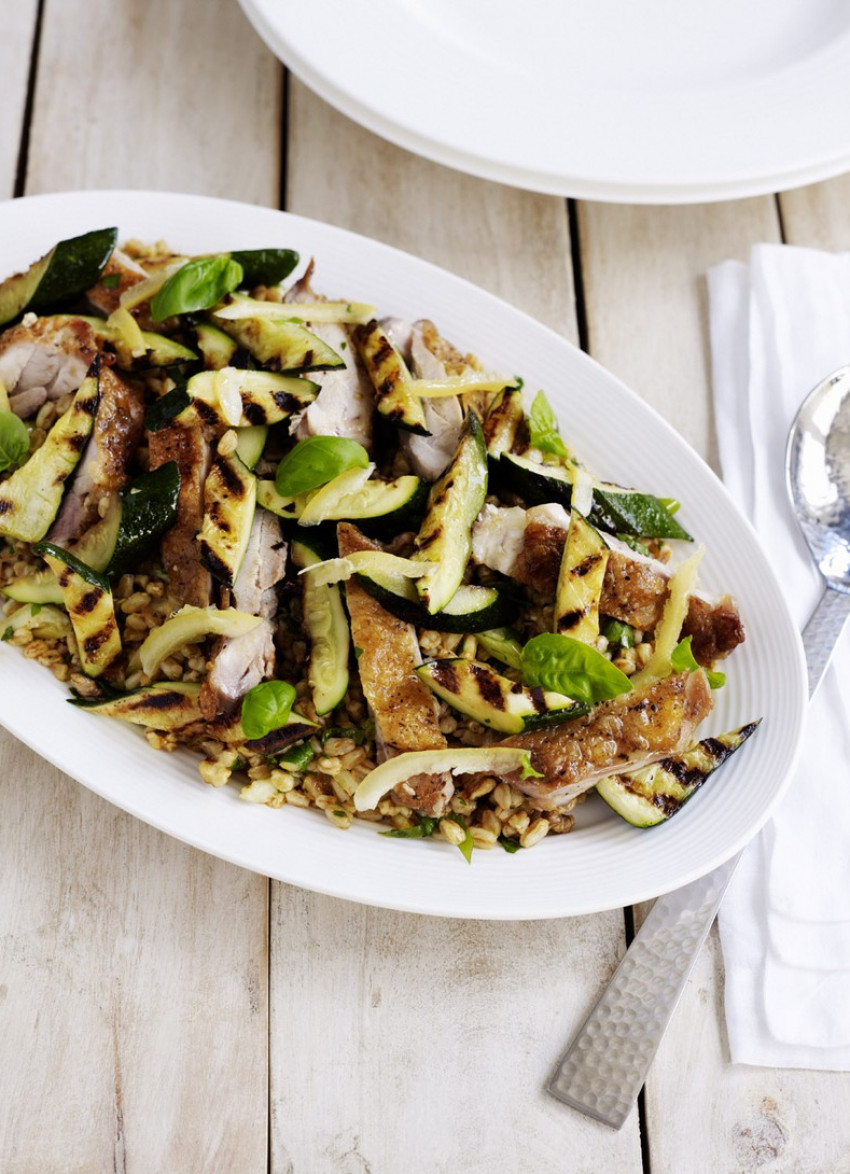 Zucchini, Chicken and Farro Salad with Saffron Vinaigrette