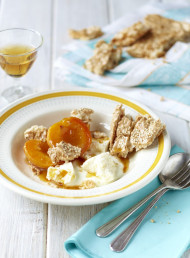 Honey and Ginger Roasted Apricots, Ricotta and Sesame Crisp 