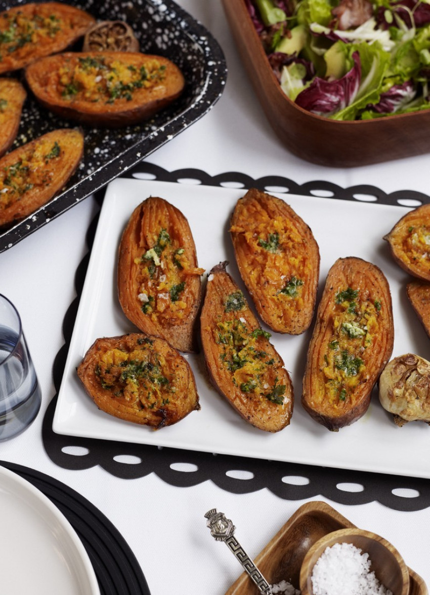 Baked Kumara with Roasted Garlic Butter