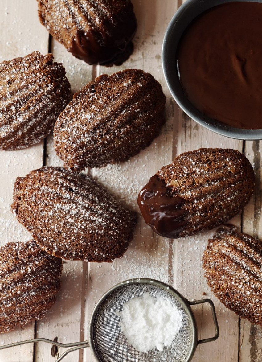 Chocolate Madeleines with Warm Chocolate Sauce 