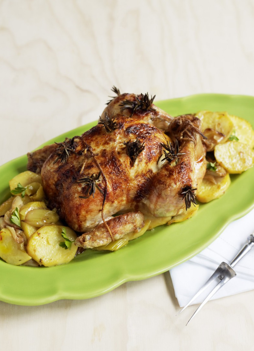 Roast Chicken on Saffron Potatoes and Leeks