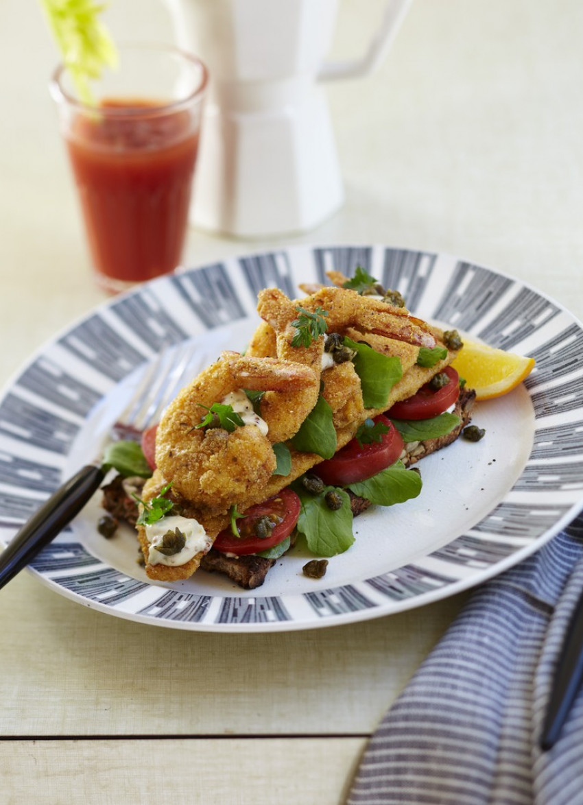 Crispy Cajun Fish and Prawn Open Sandwich with Remoulade and Fried Capers