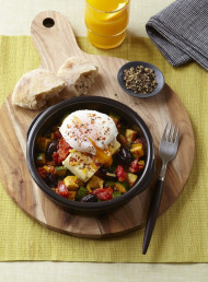 Poached Eggs with Baked Feta, Olives, Zucchini and Toasted Pide