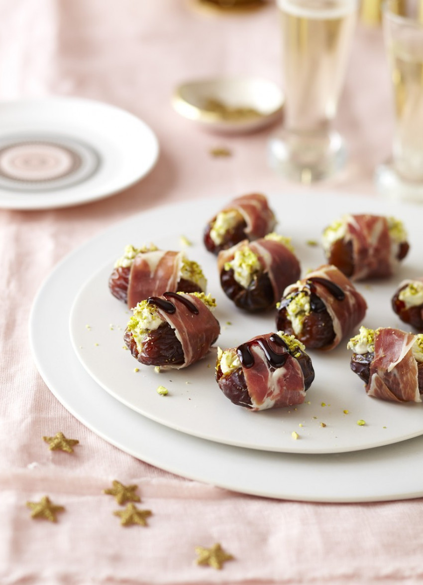 Medjool Dates with Blue Cheese, Prosciutto and Balsamic Glaze