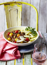 Green Olive, Beef and Cherry Tomato Pasta