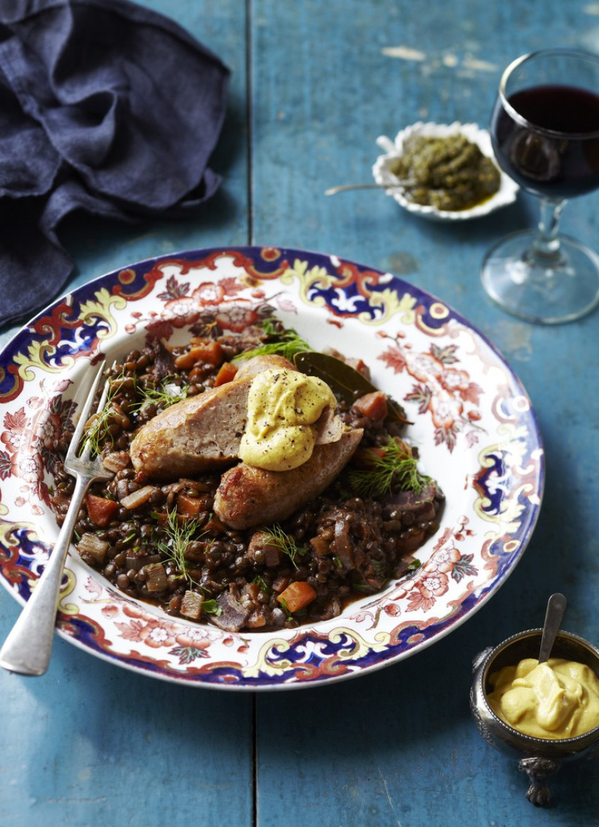 Pork Sausages with Puy Lentil and Bacon Ragout
