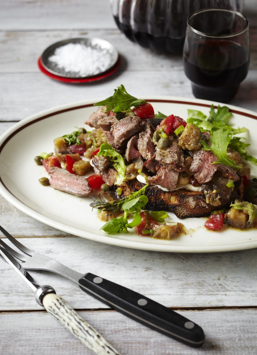 Steak Bruschetta with Eggplant and Tomato Salad