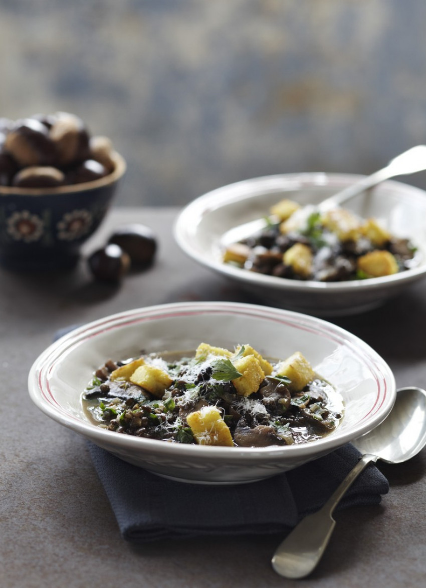 Mushroom and Lentil Soup with Gorgonzola Polenta Croutons