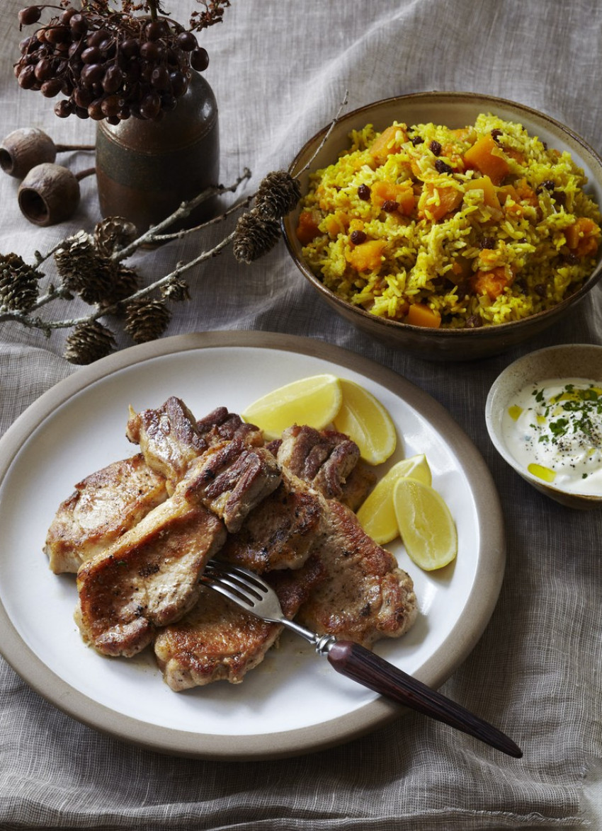 Pork Steaks with Moroccan Pumpkin and Rice Pilaf 