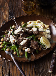 Spicy Beef Kebabs with Hummus and Green Beans