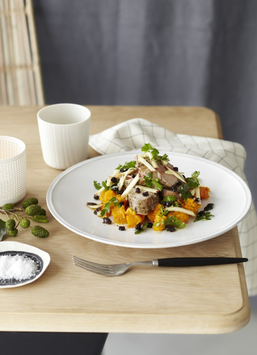 Roast Pork Fillet with Pumpkin Mash and Apple Salad