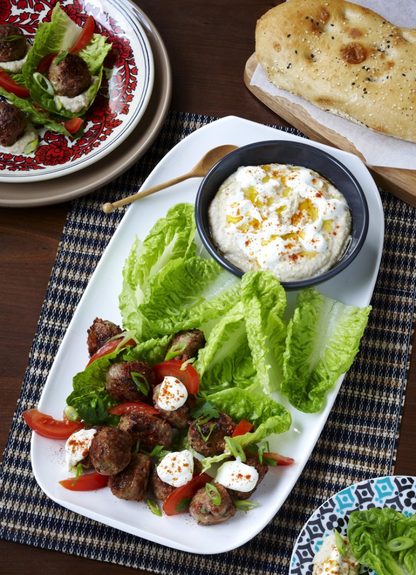 Lamb and Feta Kofta with Smoky Eggplant Hummus