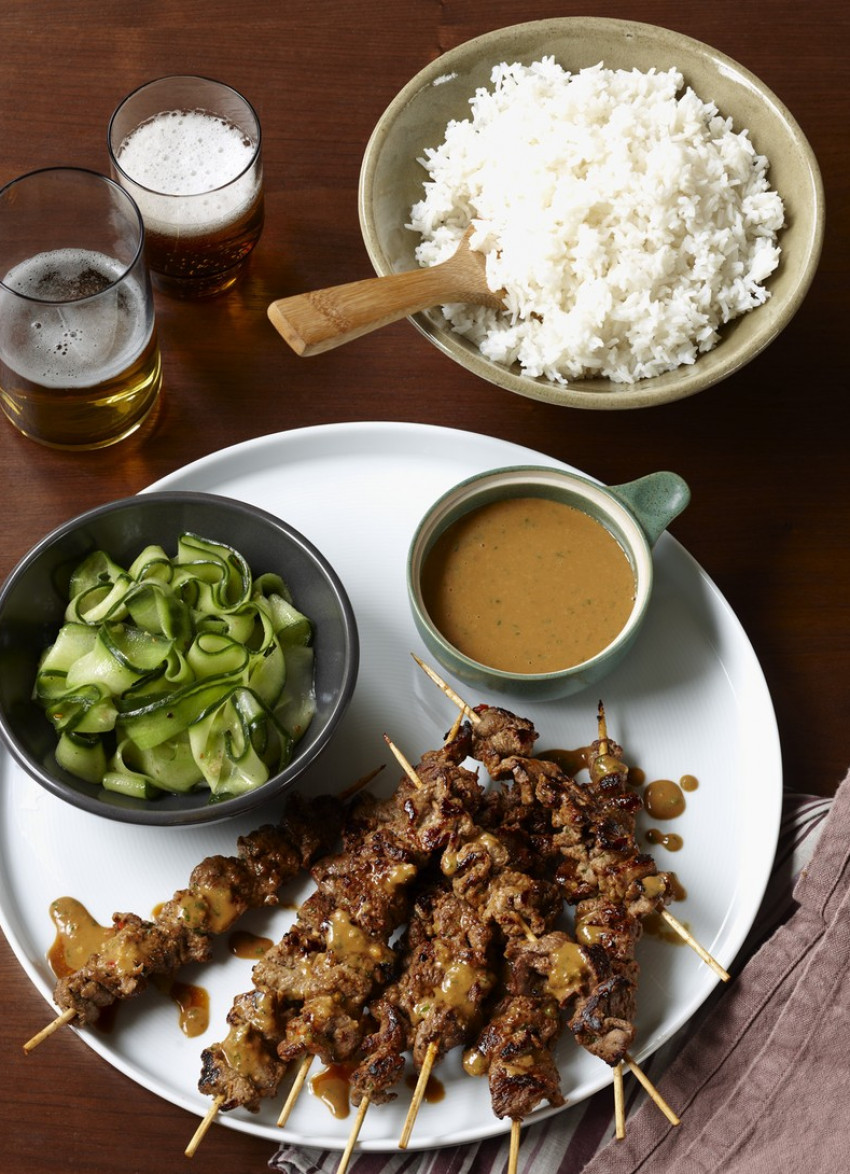 Lamb Skewers with Korma Peanut Sauce and Cucumber Salad 